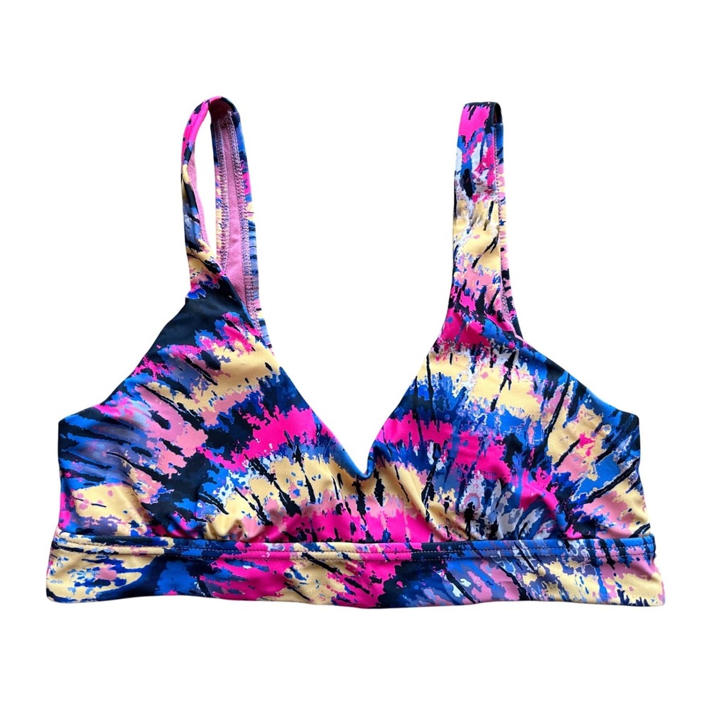 Radar Womens Tie Dye Bikini Top Pink Blue Yellow Multi V-Neck Swim Top Size M